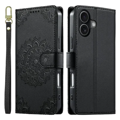 Für iPhone 17 Hülle Geprägtes Totem Leder Flip Brieftasche Handyhülle mit Handgelenkband - Schwarz