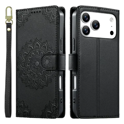 Coque pour iPhone 17 Pro Max, coque portefeuille en cuir texturé Totem avec rabat et bracelet de poignet - Noir