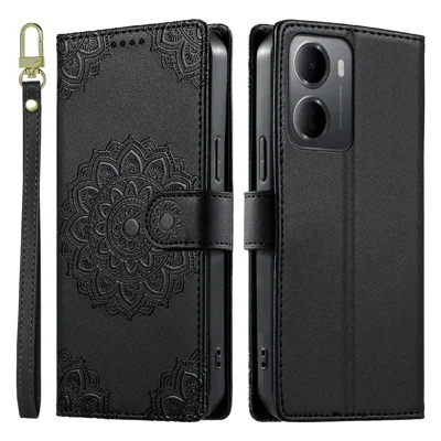 For Xiaomi Redmi 15a 5G  /  R70 5G  /  R70m 5G Case Embossed Totem Leather Flip Wallet Phone Cover with Wrist Strap - Black