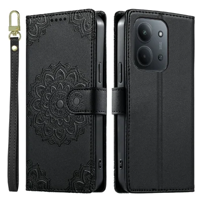 Чехол для Xiaomi Redmi 15C 4G (Global) (171 мм) / 15C 5G (Global) (171 мм) / Poco C85 4G (171 мм), с тиснёным орнаментом, из кожи, откидной, с кошельком и ремешком на запястье - черный