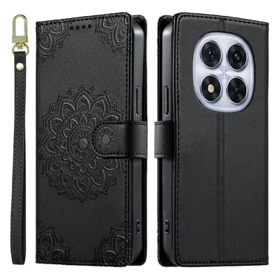 Flip-Case aus Leder mit geprägtem Totem-Muster für Xiaomi Redmi Note 14 Pro 4G, mit Brieftaschenfunktion und abnehmbarem Handschlaufe - Schwarz