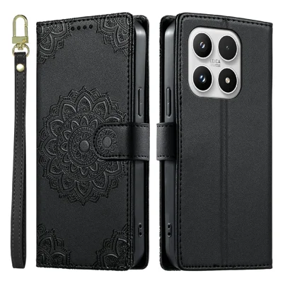 Capa Carteira com Aba em Couro com Talão Tótem para Xiaomi 17, com Alça de Pulso - Preto