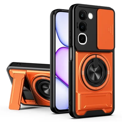 Magnetic Case For Realme C100 4G Ring Holder Foldable Kickstand TPU PC Phone Cover with Camera Lens Slider - Orange