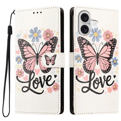 Étui pour iPhone 17 / iPhone 18 avec motif imprimé en simili cuir, étui portefeuille à rabat avec dragonne - Papillon rose