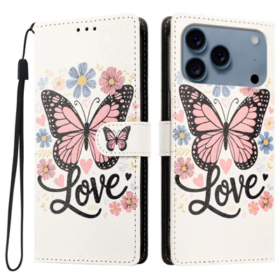  For iPhone 17 Pro / iPhone 18 Pro Case Pattern Printed PU Leather Flip Wallet Phone Cover with Wrist Strap - Pink Butterfly