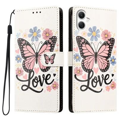 For Samsung Galaxy A08 5G / A08 4G / A07 5G / A07 4G / A06 4G / A06 5G / F07 4G / M07 4G / M17e 5G Case Pattern Printed PU Leather Flip Wallet Phone Cover with Wrist Strap - Pink Butterfly