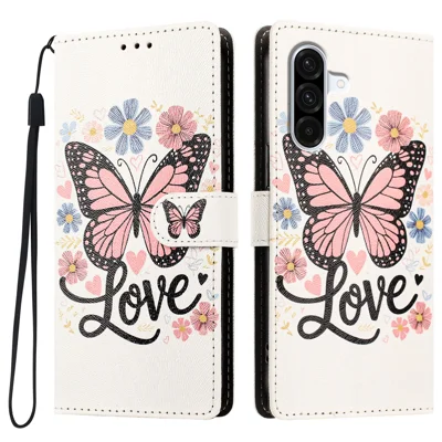  For Samsung Galaxy A36 5G / Galaxy A56 5G / Galaxy M56 5G / Galaxy A37 5G Case Pattern Printed PU Leather Flip Wallet Phone Cover with Wrist Strap - Pink Butterfly