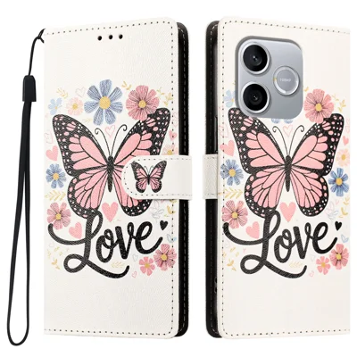 Etui na Honor 600e 5G / Honor 500 Smart 5G / Honor X80i 5G / Honor 600 Lite 5G z kolorowym nadrukiem motylka, skórzane etui typu flip z portfelem i opaską na nadgarstek - różowe motylki