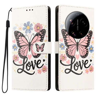 For Xiaomi 17 Ultra 5G Case Pattern Printed PU Leather Flip Wallet Phone Cover with Wrist Strap - Pink Butterfly