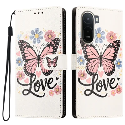 Capa de Telemóvel Carteira de Pele Sintética com Alça de Pulso, com Estampado de Borboleta Rosa, para Xiaomi Poco C85x 5G / Xiaomi Poco C81 Pro 4G / Xiaomi Redmi A7 Pro 4G (171,56 mm)