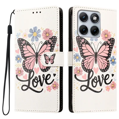 Custodia per Motorola Edge 70 Fusion+ 5G / Motorola Edge 70 Fusion 5G con Chiusura a Libro in Pelle PU Stampata con Portafoglio e Cinturino da Polso - Farfalla Rosa