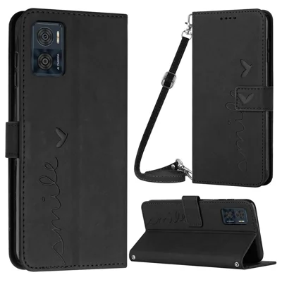 For Motorola Moto E22 4G / E22i 4G Imprinted Heart Shape PU Leather Magnetic Cover Stand Feature Skin-touch Feeling Wallet Phone Case with Shoulder Strap - Black