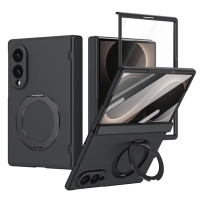 Für Samsung Galaxy Z Fold 8 Weißes Magnetisches Etui mit Ständer, Hart-PC-Handyhülle mit Frontglasfolie - Schwarz