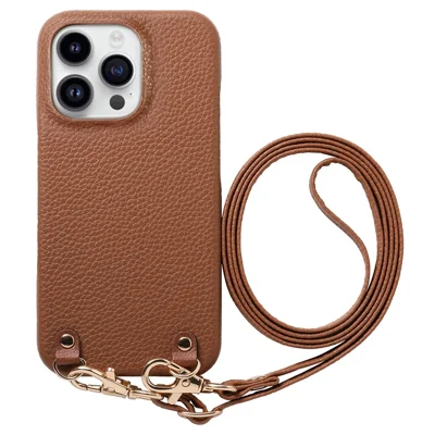Etui na iPhone 16 Pro Max z wzorem licha i rzemieńskiem, ochronne z PC i skóry PU - Brązowy
