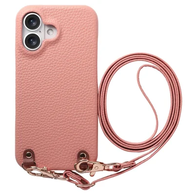 För iPhone 17 Litchi-mönsterfodral med hänglina, chockabsorberande PC och PU-läderfodral - Rosa