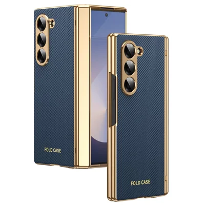 For Samsung Galaxy Z Fold6 5G Case PU Leather Coated PC Phone Cover with Tempered Glass Screen Protector - Blue