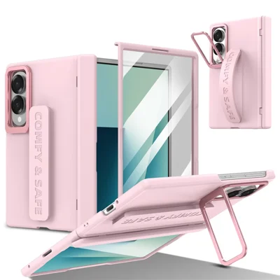 Voor Samsung Galaxy Z Fold 8 Wide Case Lens Stand Hengelbeveiliging PC Telefoonhoes met Schermfolie - Roze