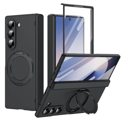 For Samsung Galaxy Z Fold6 5G Magnetic Case Rotating Kickstand Hard PC Hinge Protection Phone Cover with Tempered Glass Film - Black