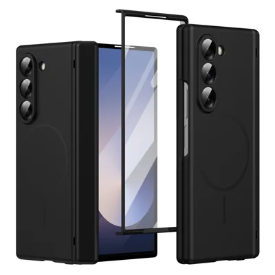 For Samsung Galaxy Z Fold6 5G Magnetic Case Hard PC Anti-Scratch Folding Phone Cover with Tempered Glass Film - Black
