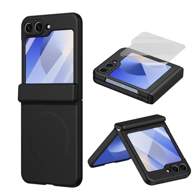 For Samsung Galaxy Z Flip7 FE 5G / Z Flip6 5G Magnetic Case Hard PC Anti-Scratch Folding Phone Cover with Tempered Glass Film - Black