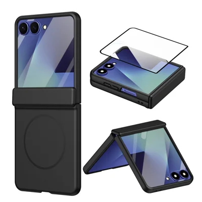For Samsung Galaxy Z Flip8 Magnetic Case Hard PC Anti-Scratch Folding Phone Cover with Tempered Glass Film - Black