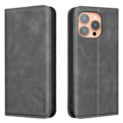  BINFEN COLOR for iPhone 14 Pro Max RFID Blocking Calf Texture PU Leather Phone Cover - Black