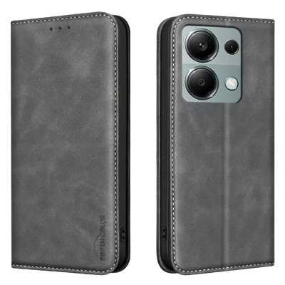  BINFEN COLOR for Xiaomi Poco M6 Pro 4G / Xiaomi Redmi Note 13 Pro 4G RFID Blocking Calf Texture PU Leather Phone Cover - Black