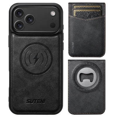 SUTENI for iPhone 17 Pro Max Magnetic Case Detachable Card Holder Bottle Opener RFID Blocking Phone Cover - Black