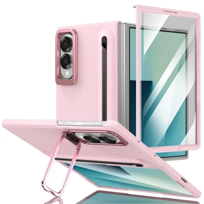 Fodral för Samsung Galaxy Z Fold 8, brett fodral med kameraram, vinklingsbar hård plastskal med temperskärm och stylus – Rosa
