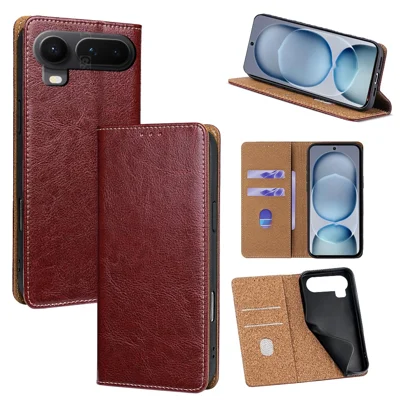 Étui pour Honor Magic8 Pro Air 5G en Cuir Véritable de Vache avec Porte-cartes RFID et Support - Rouge