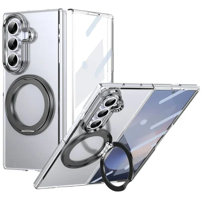Voor Samsung Galaxy Z Fold8 Magnetische Case met Steunbeentje Transparante PC Telefoonhoes met Voorzijde Glazen Folie - Zwart