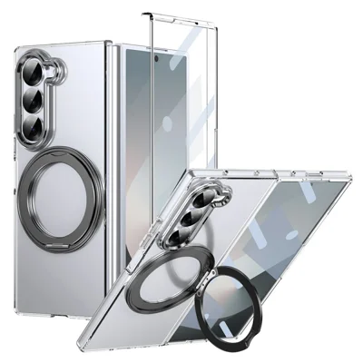 For Samsung Galaxy Z Fold6 5G Magnetic Case with Kickstand Clear PC Phone Cover with Front Glass Film - Black