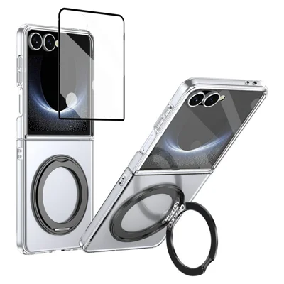 For Samsung Galaxy Z Flip8 Magnetic Case with Kickstand Clear PC Phone Cover with Rear Screen Film - Black