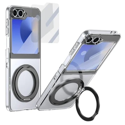 For Samsung Galaxy Z Flip7 FE 5G / Z Flip6 5G Magnetic Case with Kickstand Clear PC Phone Cover with Rear Screen Film - Black