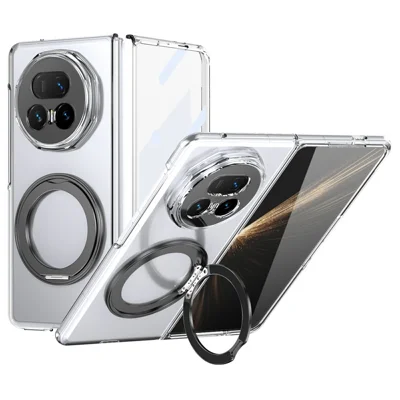 Voor Honor Magic V5 5G Magnetische Hoes met Steunvoet Transparante PC Telefoonhoes met Frontglasfilm - Zwart