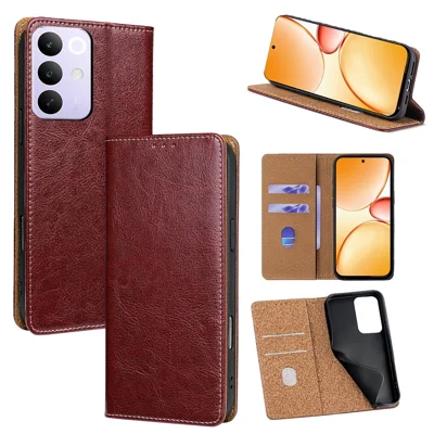For Realme C85 Pro 4G Case Genuine Cow Leather Stand Mobile Phone Cover with RFID Blocking Wallet - Red
