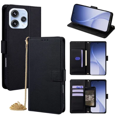 Für Oppo Reno15 5G (Global) / Reno15c 5G (China) Brieftaschenhülle mit Dreieckmuster Stand-Leder-Handyhülle mit Schultergurt - Schwarz