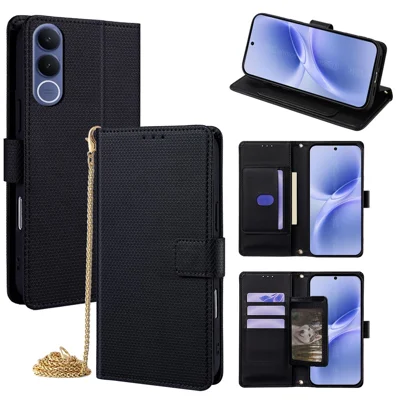 Für vivo V70 FE 5G Brieftaschenhülle mit Dreieckmuster Stand-Leder-Handyhülle mit Schultergurt – Schwarz