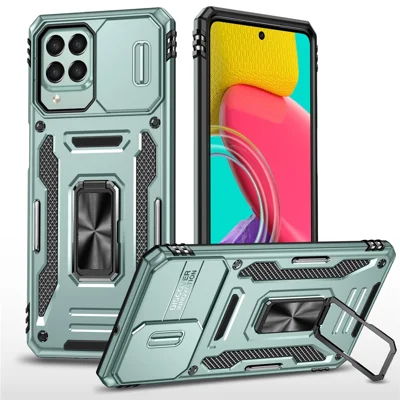 Armor Series per Samsung Galaxy M53 5G Kickstand Design Bump Proof Phone Case PC + TPU Protective Back Cover con Slide Camera Cover - Verde