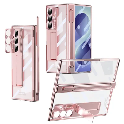 For Samsung Galaxy Z Fold8 Ultra Case Hidden Kickstand Magnetic Hinge PC Phone Cover with Stylus Tempered Glass Film - Rose Gold