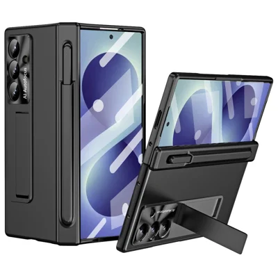 Étui pour Samsung Galaxy Z Fold8 avec charnière magnétique, support intégré, coque en polycarbonate avec stylet / film en verre trempé - Noir