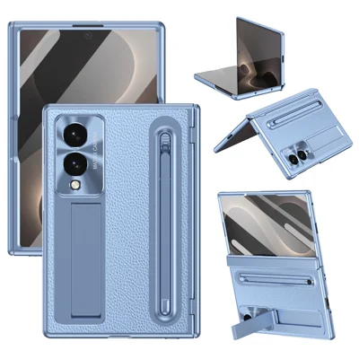 For Samsung Galaxy Z Fold8 Case Kickstand Leather PC Phone Cover with Tempered Glass Film with Stylus - Blue