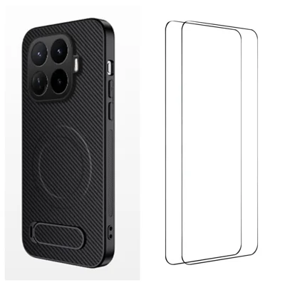 WANLONFENG para Xiaomi 17T Pro QT1 Serie Funda Magnética con 2 Unidades de Películas de Cristal Templado Soporte Plegable Textura Fibra de Carbono PC TPU Funda para Teléfono - Negro