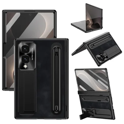 For Samsung Galaxy Z Fold 8 Wide Case Pen Slot Læder + PC Flip Cover med Stativ og Tempered Glass Film, Stylus – Sort