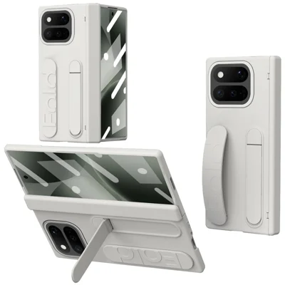For Google Pixel 11 Pro Fold Case Kickstand Wristband PC Phone Cover with Tempered Glass Film - White