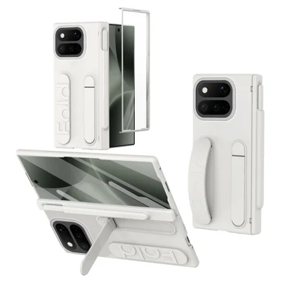 For Google Pixel 11 Pro Fold Case Kickstand Wristband Hard PC Phone Cover with Tempered Glass  /  Stylus - White