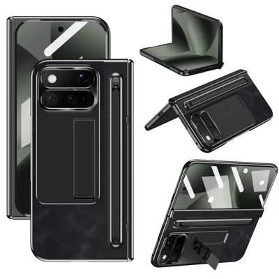 For Google Pixel 11 Pro Fold Case Pen Slot Leather + PC Kickstand Phone Cover with Tempered Glass Film, Stylus - Black
