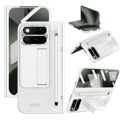 For Google Pixel 11 Pro Fold Case Kickstand Hinge PC Phone Cover with Tempered Glass Film, Stylus - White