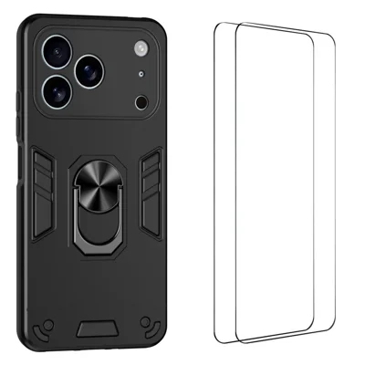  WANLONFENG für iPhone 17 Pro YS Serie Hülle mit Ständer, stoßfester PC-TPU-Handycover mit 2 Stk. Panzerglasfolie - Schwarz