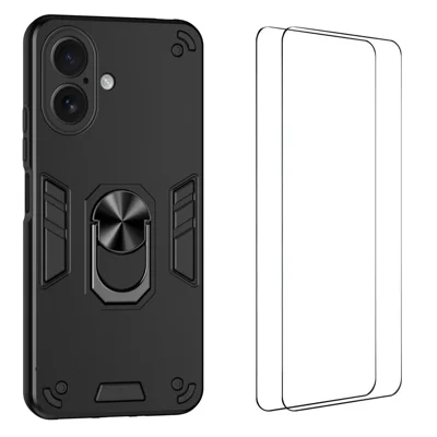  WANLONFENG für iPhone 17 YS Serie Hülle mit Ständer, stoßfest PC TPU Handyhülle mit 2 Stk. gehärtetem Glasfolie - Schwarz